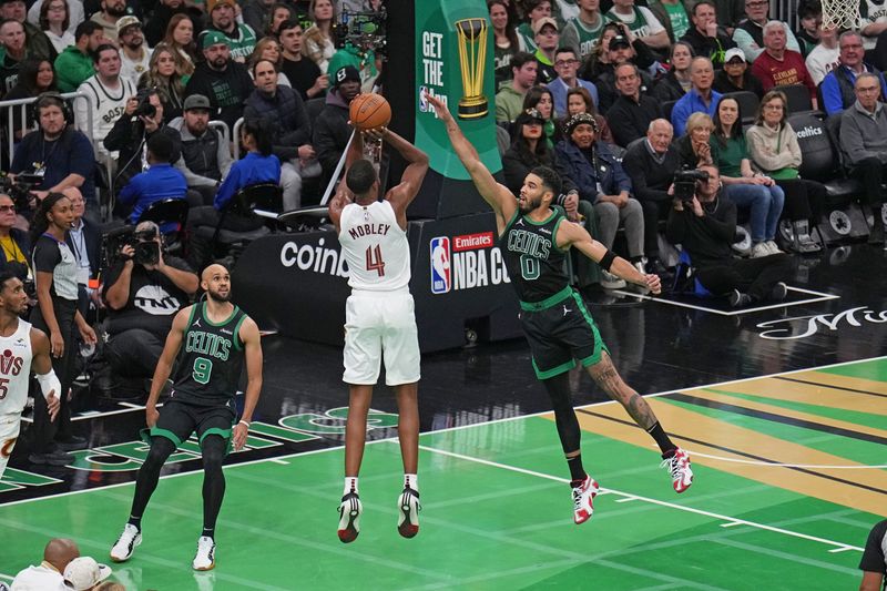 BOSTON, MA - NOVEMBER 19: Evan Mobley #4 of the Cleveland Cavaliers shoots the ball during the game against the Boston Celtics during the Emirates NBA Cup game on November 19, 2024 at TD Garden in Boston, Massachusetts. NOTE TO USER: User expressly acknowledges and agrees that, by downloading and/or using this Photograph, user is consenting to the terms and conditions of the Getty Images License Agreement. Mandatory Copyright Notice: Copyright 2024 NBAE (Photo by Jesse D. Garrabrant/NBAE via Getty Images)