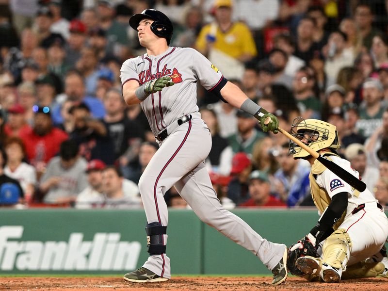 May 17, 2025; Boston, Massachusetts, USA; Atlanta Braves third baseman Austin Riley (27) hits a RBI against the Boston Red Sox during the fourth inning at Fenway Park. Mandatory Credit: Brian Fluharty-Imagn Images