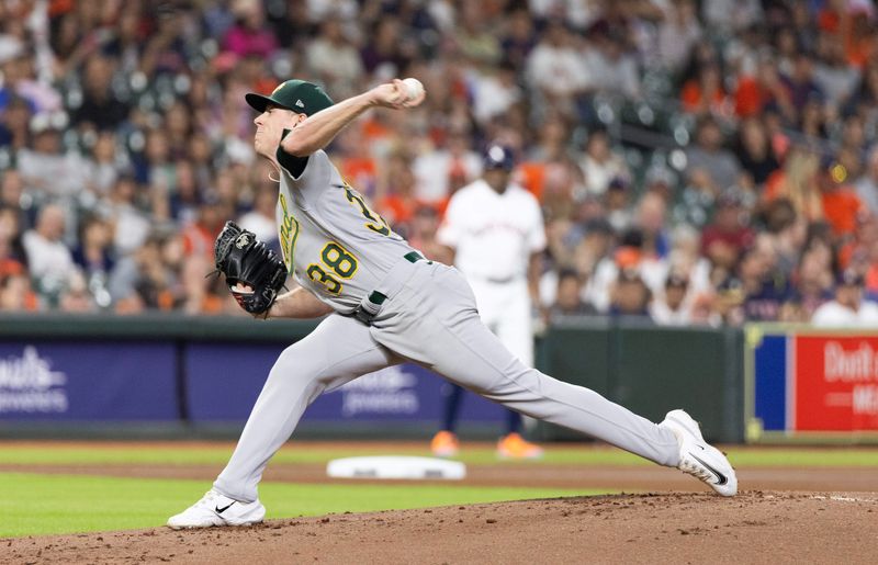 Sep 12, 2023; Houston, Texas, USA; Oakland Athletics starting pitcher JP Sears (38) pitches against the Houston Astros in the first inning at Minute Maid Park. Mandatory Credit: Thomas Shea-USA TODAY Sports