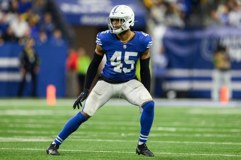 Indianapolis Colts linebacker E.J. Speed (45) drops into coverage during an NFL football game against the Pittsburgh Steelers, Saturday, Dec. 16, 2023, in Indianapolis. (AP Photo/Zach Bolinger)