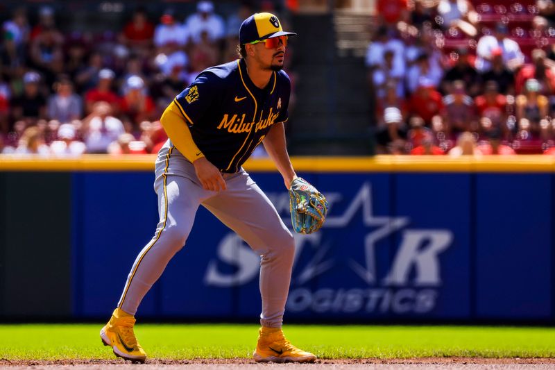 Sep 1, 2024; Cincinnati, Ohio, USA; Milwaukee Brewers shortstop Willy Adames (27) prepares for the pitch in the first inning against the Cincinnati Reds at Great American Ball Park. Mandatory Credit: Katie Stratman-USA TODAY Sports