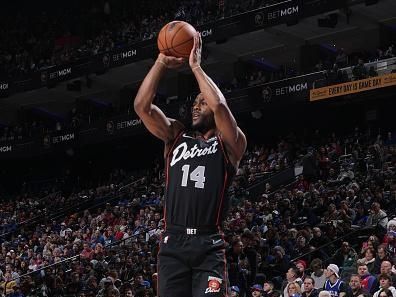 PHILADELPHIA, PA - DECEMBER 15: Alec Burks #14 of the Detroit Pistons shoots a three point basket against the Philadelphia 76ers on December 15, 2023 at the Wells Fargo Center in Philadelphia, Pennsylvania NOTE TO USER: User expressly acknowledges and agrees that, by downloading and/or using this Photograph, user is consenting to the terms and conditions of the Getty Images License Agreement. Mandatory Copyright Notice: Copyright 2023 NBAE (Photo by Jesse D. Garrabrant/NBAE via Getty Images)