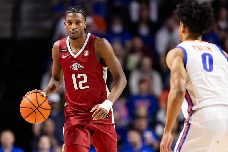 Jan 13, 2024; Gainesville, Florida, USA; Arkansas Razorbacks guard Tramon Mark (12) dribbles the ball against Florida Gators guard Zyon Pullin (0) during the first half at Exactech Arena at the Stephen C. O'Connell Center. Mandatory Credit: Matt Pendleton-USA TODAY Sports