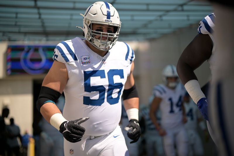 Indianapolis Colts guard Quenton Nelson (56) heads to the field before an NFL football game against the Jacksonville Jaguars, Sunday, Oct. 15, 2023, in Jacksonville, Fla. (AP Photo/Phelan M. Ebenhack)