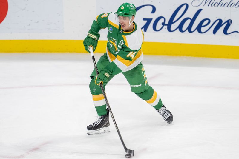 Dec 31, 2024; Saint Paul, Minnesota, USA; Nashville Predators center Gustav Nyquist (14) looks to pass against the Nashville Predators in the second period at Xcel Energy Center. Mandatory Credit: Matt Blewett-Imagn Images