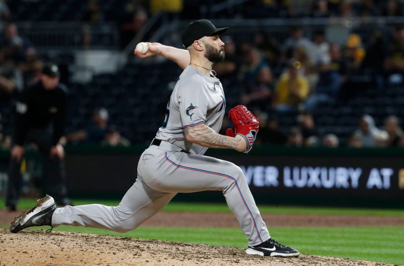 Sep 30, 2023; Pittsburgh, Pennsylvania, USA; Miami Marlins relief pitcher Tanner Scott (66) pitches against the Pittsburgh Pirates during the ninth inning at PNC Park. Miami won 7-4. Mandatory Credit: Charles LeClaire-USA TODAY Sports