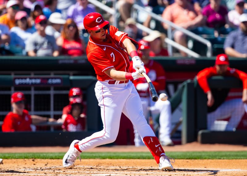 Mar 20, 2024; Goodyear, Arizona, USA; Cincinnati Reds infielder Spencer Steer against the Texas Rangers during a spring training baseball game at Goodyear Ballpark. Mandatory Credit: Mark J. Rebilas-USA TODAY Sports