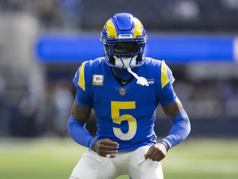 Los Angeles Rams cornerback Jalen Ramsey (5) takes his stance before an NFL football game against the Arizona Cardinals, Sunday, Nov. 13, 2022, in Inglewood, Calif. (AP Photo/Kyusung Gong)