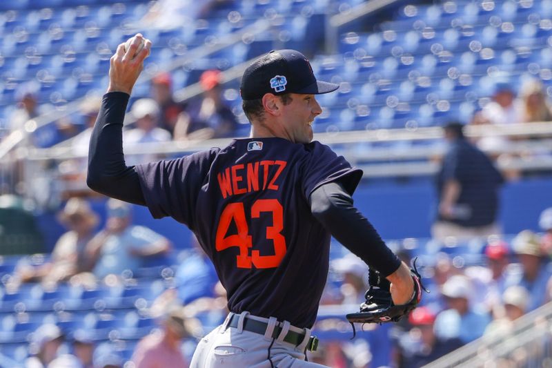 Feb 28, 2023; Dunedin, Florida, USA; Detroit Tigers starting pitcher Joey Wentz (43) throws a pitch during the first inning against the Toronto Blue Jays at TD Ballpark. Mandatory Credit: Mike Watters-USA TODAY Sports