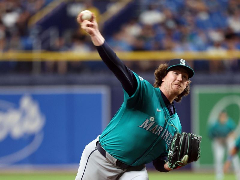 Jun 24, 2024; St. Petersburg, Florida, USA; Seattle Mariners pitcher Mike Baumann (53) throws a pitch against the Tampa Bay Rays during the sixth inning at Tropicana Field. Mandatory Credit: Kim Klement Neitzel-USA TODAY Sports