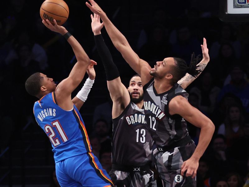 BROOKLYN, NY - FEBRUARY 26:  Aaron Wiggins #21 of the Oklahoma City Thunder shoots the ball during the game against the Brooklyn Nets on February 26, 2025 at Barclays Center in Brooklyn, New York. NOTE TO USER: User expressly acknowledges and agrees that, by downloading and or using this Photograph, user is consenting to the terms and conditions of the Getty Images License Agreement. Mandatory Copyright Notice: Copyright 2025 NBAE (Photo by Brandon Todd/NBAE via Getty Images)