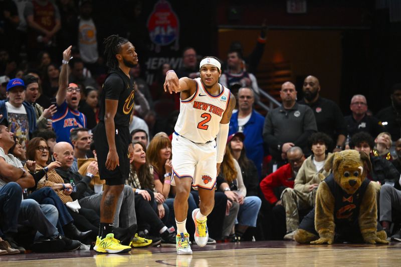 CLEVELAND, OHIO - MARCH 03: Darius Garland #10 of the Cleveland Cavaliers watches as Miles McBride #2 of the New York Knicks celebrates scoring in the final seconds of the game at Rocket Mortgage Fieldhouse on March 03, 2024 in Cleveland, Ohio. The Knicks defeated the Cavaliers 107-98. NOTE TO USER: User expressly acknowledges and agrees that, by downloading and or using this photograph, User is consenting to the terms and conditions of the Getty Images License Agreement. (Photo by Jason Miller/Getty Images)