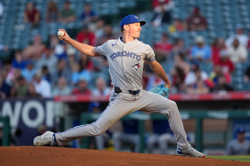 May 8, 2025; Anaheim, California, USA; Toronto Blue Jays starting pitcher Chris Bassitt (40) throws in the first inning against the Los Angeles Angels at Angel Stadium. Mandatory Credit: Kirby Lee-Imagn Images