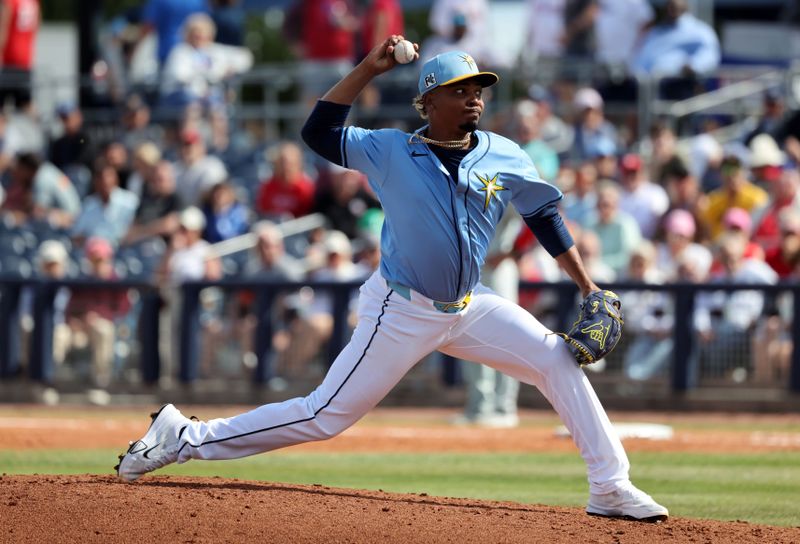 Feb 25, 2025; Port Charlotte, Florida, USA; Tampa Bay Rays pitcher Edwin Uceta (63) throws against the Philadelphia Phillies during the fifth inning at Charlotte Sports Park. Mandatory Credit: Kim Klement Neitzel-Imagn Images