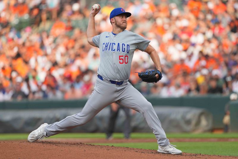 Jul 9, 2024; Baltimore, Maryland, USA; Chicago Cubs pitcher Jameson Taillon (50) throws a pitch in the second inning against the Baltimore Orioles at Oriole Park at Camden Yards. Mandatory Credit: Mitch Stringer-USA TODAY Sports