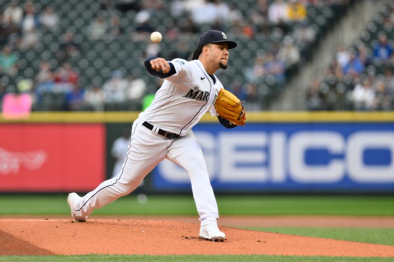 Jun 14, 2023; Seattle, Washington, USA; Seattle Mariners starting pitcher Luis Castillo (58) pitches to the Miami Marlins during the first inning at T-Mobile Park. Mandatory Credit: Steven Bisig-USA TODAY Sports