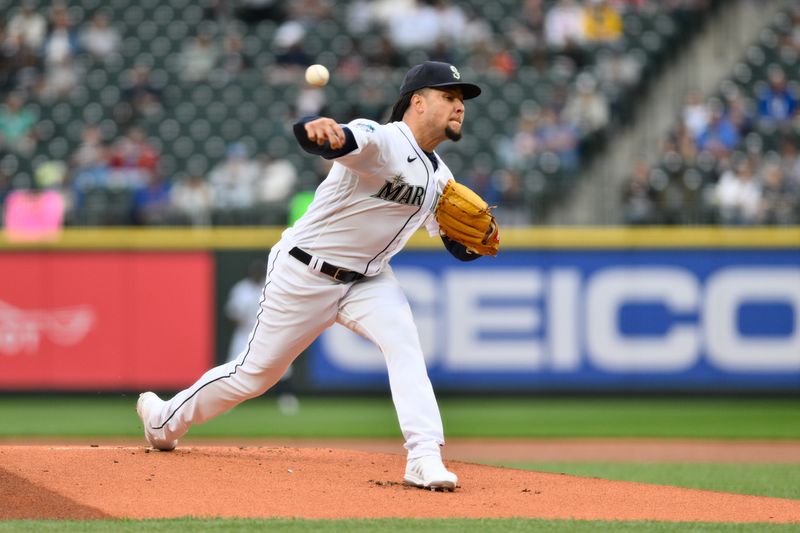 Jun 14, 2023; Seattle, Washington, USA; Seattle Mariners starting pitcher Luis Castillo (58) pitches to the Miami Marlins during the first inning at T-Mobile Park. Mandatory Credit: Steven Bisig-USA TODAY Sports