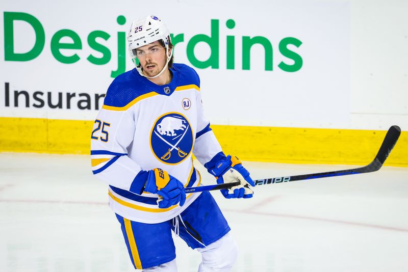 Mar 24, 2024; Calgary, Alberta, CAN; Buffalo Sabres defenseman Owen Power (25) skates during the warmup period against the Calgary Flames at Scotiabank Saddledome. Mandatory Credit: Sergei Belski-USA TODAY Sports