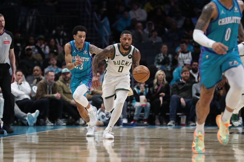 CHARLOTTE, NC - FEBRUARY 29: Damian Lillard #0 of the Milwaukee Bucks dribbles the ball during the game against the Charlotte Hornets on February 29, 2024 at Spectrum Center in Charlotte, North Carolina. NOTE TO USER: User expressly acknowledges and agrees that, by downloading and or using this photograph, User is consenting to the terms and conditions of the Getty Images License Agreement.  Mandatory Copyright Notice:  Copyright 2024 NBAE (Photo by Brock Williams-Smith/NBAE via Getty Images)