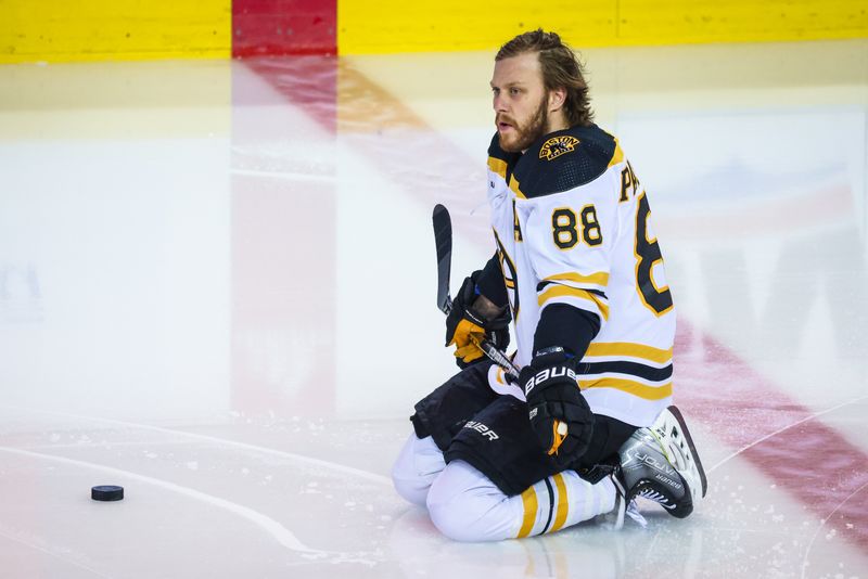 Feb 28, 2023; Calgary, Alberta, CAN; Boston Bruins right wing David Pastrnak (88) during the warmup period against the Calgary Flames at Scotiabank Saddledome. Mandatory Credit: Sergei Belski-USA TODAY Sports