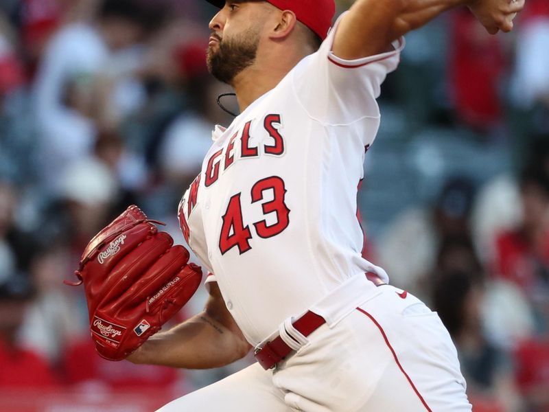 Sep 6, 2023; Anaheim, California, USA;  Los Angeles Angels starting pitcher Patrick Sandoval (43) pitches during the first inning against the Baltimore Orioles at Angel Stadium. Mandatory Credit: Kiyoshi Mio-USA TODAY Sports