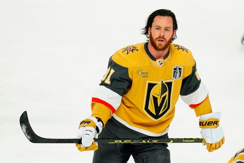 1Jun 13, 2023; Las Vegas, Nevada, USA; Las Vegas Golden Knights forward Jonathan Marchessault (81) warms up prior to the start of game five of the 2023 Stanley Cup Final against the Florida Panthers at T-Mobile Arena. Mandatory Credit: Lucas Peltier-USA TODAY Sports