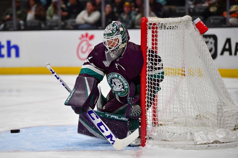 Apr 5, 2024; Anaheim, California, USA; Anaheim Ducks goaltender Lukas Dostal (1) defends the goal against the Seattle Kraken during the first period at Honda Center. Mandatory Credit: Gary A. Vasquez-USA TODAY Sports