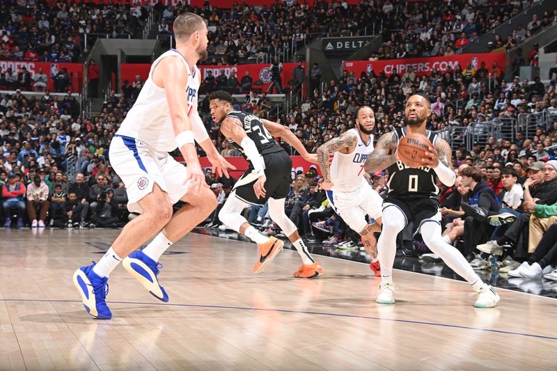 LOS ANGELES, CA - MARCH 10: Damian Lillard #0 of the Milwaukee Bucks shoots the ball during the game against the LA Clippers on March 10, 2024 at Crypto.Com Arena in Los Angeles, California. NOTE TO USER: User expressly acknowledges and agrees that, by downloading and/or using this Photograph, user is consenting to the terms and conditions of the Getty Images License Agreement. Mandatory Copyright Notice: Copyright 2024 NBAE (Photo by Andrew D. Bernstein/NBAE via Getty Images)