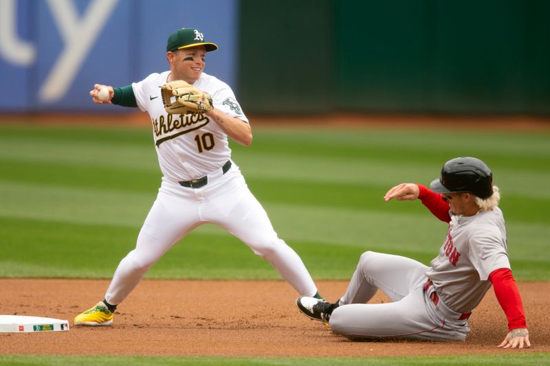 Apr 3, 2024; Oakland, California, USA; Oakland Athletics shortstop Nick Allen (10) forces out Boston Red Sox left fielder Jarren Duran (16) on a fielder’s choice during the first inning at Oakland-Alameda County Coliseum. Mandatory Credit: D. Ross Cameron-USA TODAY Sports