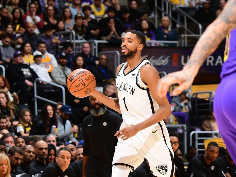 LOS ANGELES, CA - JANUARY 19:  Mikal Bridges #1 of the Brooklyn Nets handles the ball during the game  on January 19, 2024 at Crypto.Com Arena in Los Angeles, California. NOTE TO USER: User expressly acknowledges and agrees that, by downloading and/or using this Photograph, user is consenting to the terms and conditions of the Getty Images License Agreement. Mandatory Copyright Notice: Copyright 2024 NBAE (Photo by Adam Pantozzi/NBAE via Getty Images)