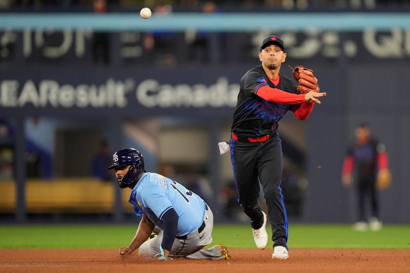 Sep 26, 2025; Toronto, Ontario, CAN; Toronto Blue Jays shortstop Andres Gimenez (0) throws to first base after getting Tampa Bay Rays third baseman Junior Caminero (13) out on a force play at second base during the fourth inning at Rogers Centre. Mandatory Credit: John E. Sokolowski-Imagn Images