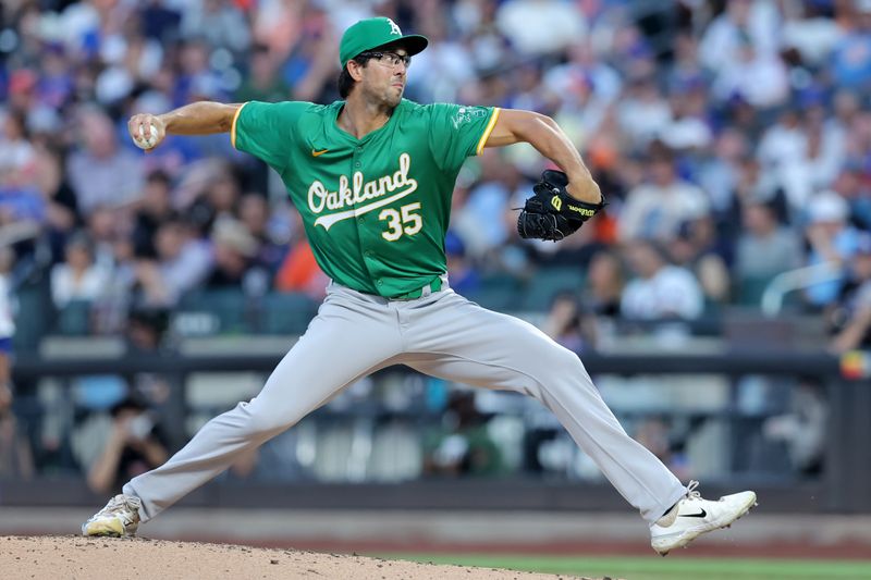 Aug 13, 2024; New York City, New York, USA; Oakland Athletics starting pitcher Joe Boyle (35) pitches against the New York Mets during the second inning at Citi Field. Mandatory Credit: Brad Penner-USA TODAY Sports