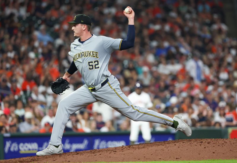 May 18, 2024; Houston, Texas, USA; Milwaukee Brewers relief pitcher Bryan Hudson (52) pitches against the Houston Astros in the eighth inning at Minute Maid Park. Mandatory Credit: Thomas Shea-USA TODAY Sports