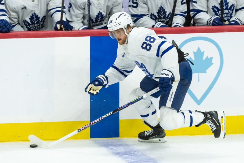 May 1, 2025; Ottawa, Ontario, CAN; Toronto Maple Leafs right wing William Nylander (88) skates with the puck in game six of the first round of the 2025 Stanley Cup Playoffs against the Ottawa Senators at Canadian Tire Centre. Mandatory Credit: Marc DesRosiers-Imagn Images
