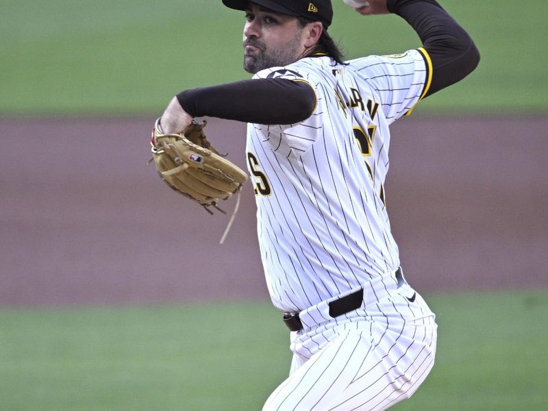 Jul 6, 2024; San Diego, California, USA; San Diego Padres starting pitcher Matt Waldron (61) pitches against the Arizona Diamondbacks during the first inning at Petco Park. Mandatory Credit: Orlando Ramirez-USA TODAY Sports