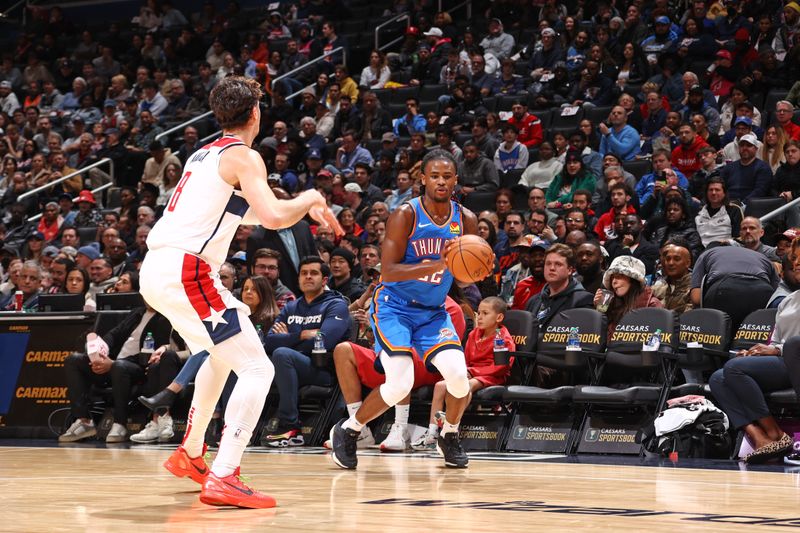 WASHINGTON, DC -? JANUARY 8: Cason Wallace #22 of the Oklahoma City Thunder handles the ball during the game against the Washington Wizards on January 8, 2024 at Capital One Arena in Washington, DC. NOTE TO USER: User expressly acknowledges and agrees that, by downloading and or using this Photograph, user is consenting to the terms and conditions of the Getty Images License Agreement. Mandatory Copyright Notice: Copyright 2024 NBAE (Photo by Kenny Giarla/NBAE via Getty Images)