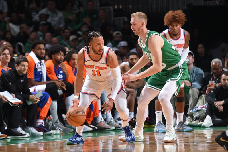 BOSTON, MA - OCTOBER 22: Jalen Brunson #11 of the New York Knicks dribbles the ball during the game against the Boston Celtics on October 22, 2024 at TD Garden in Boston, Massachusetts. NOTE TO USER: User expressly acknowledges and agrees that, by downloading and/or using this Photograph, user is consenting to the terms and conditions of the Getty Images License Agreement. Mandatory Copyright Notice: Copyright 2024 NBAE (Photo by Brian Babineau/NBAE via Getty Images)