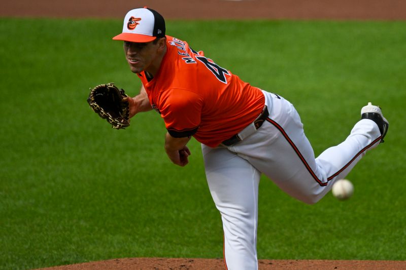 May 11, 2024; Baltimore, Maryland, USA;  Baltimore Orioles pitcher John Means (47) throws a first inning pitch against the Arizona Diamondbacks at Oriole Park at Camden Yards. Mandatory Credit: Tommy Gilligan-USA TODAY Sports