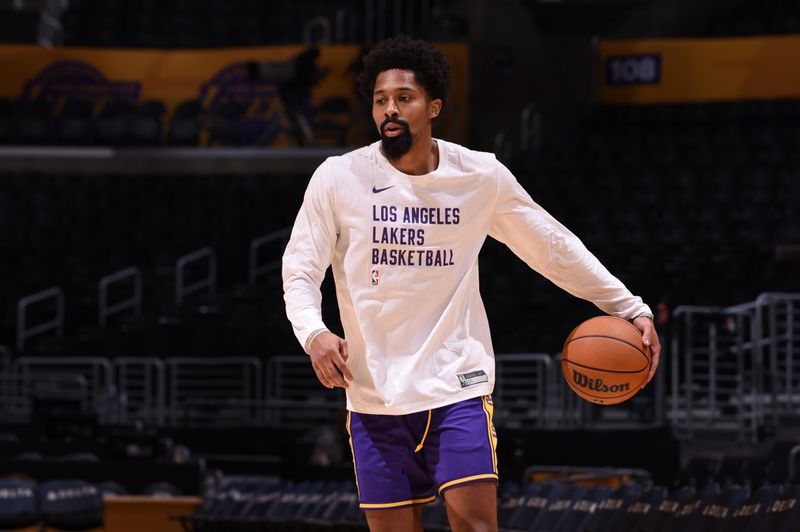 LOS ANGELES, CA - MARCH 6: Spencer Dinwiddie #26 of the Los Angeles Lakers warms up before the game against the Sacramento Kings on March 6, 2024 NBAE at Crypto.Com Arena in Los Angeles, California. NOTE TO USER: User expressly acknowledges and agrees that, by downloading and/or using this Photograph, user is consenting to the terms and conditions of the Getty Images License Agreement. Mandatory Copyright Notice: Copyright 2024 NBAE (Photo by Juan Ocampo/NBAE via Getty Images)