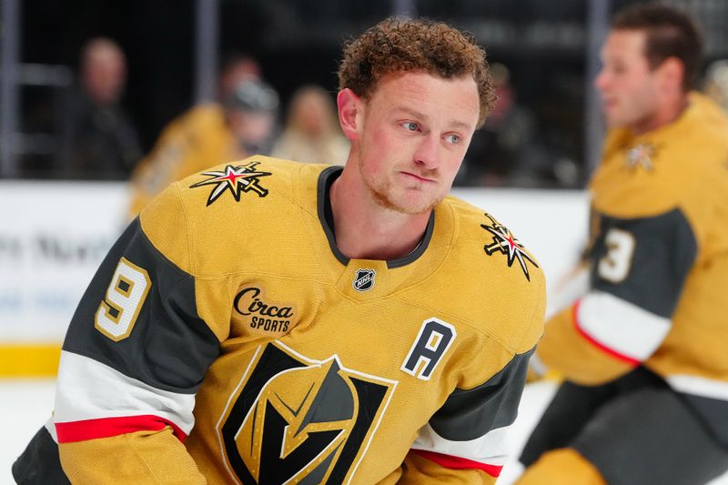 Oct 11, 2024; Las Vegas, Nevada, USA; Vegas Golden Knights center Jack Eichel (9) warms up before a game against the St. Louis Blues at T-Mobile Arena. Mandatory Credit: Stephen R. Sylvanie-Imagn Images