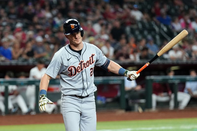 May 19, 2024; Phoenix, Arizona, USA; Detroit Tigers first base Spencer Torkelson (20) reacts after striking out against the Arizona Diamondbacks during the fourth inning at Chase Field. Mandatory Credit: Joe Camporeale-USA TODAY Sports