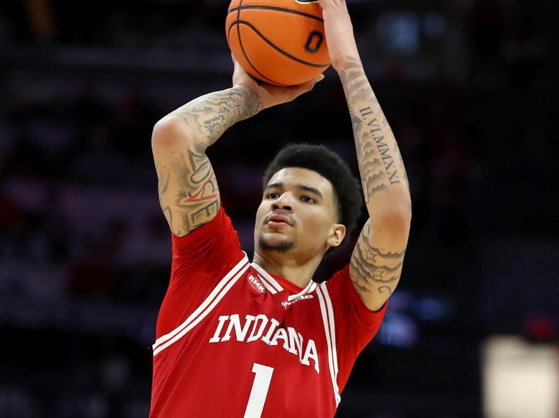 Feb 6, 2024; Columbus, Ohio, USA; Indiana Hoosiers center Kel'el Ware (1) shoots during the first half against the Ohio State Buckeyes at Value City Arena. Mandatory Credit: Joseph Maiorana-USA TODAY Sports