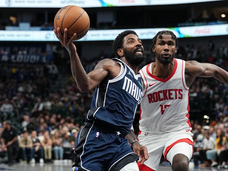 DALLAS, TX - OCTOBER 31: Kyrie Irving #11 of the Dallas Mavericks drives to the basket during the game against the Houston Rockets on October 31, 2024 at American Airlines Center in Dallas, Texas. NOTE TO USER: User expressly acknowledges and agrees that, by downloading and or using this photograph, User is consenting to the terms and conditions of the Getty Images License Agreement. Mandatory Copyright Notice: Copyright 2024 NBAE (Photo by Glenn James/NBAE via Getty Images)