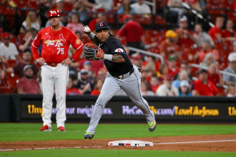 Sep 20, 2024; St. Louis, Missouri, USA;  Cleveland Guardians third baseman Jose Ramirez (11) throws on the run against the St. Louis Cardinals during the fifth inning at Busch Stadium. Mandatory Credit: Jeff Curry-Imagn Images