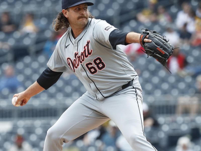 Apr 9, 2024; Pittsburgh, Pennsylvania, USA;  Detroit Tigers relief pitcher Jason Foley (68) throws against the Pittsburgh Pirates during the ninth inning at PNC Park. Detroit won 5-3. Mandatory Credit: Charles LeClaire-USA TODAY Sports