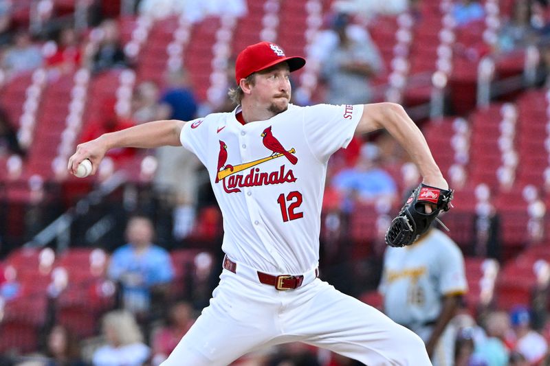 Sep 19, 2024; St. Louis, Missouri, USA;  St. Louis Cardinals starting pitcher Erick Fedde (12) pitches against the Pittsburgh Pirates during the first inning at Busch Stadium. Mandatory Credit: Jeff Curry-Imagn Images