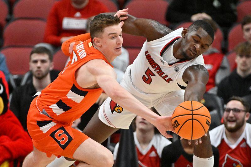 Jan 3, 2023; Louisville, Kentucky, USA; Syracuse Orange guard Justin Taylor (5) scrambles for a loose ball with Louisville Cardinals forward Brandon Huntley-Hatfield (5) during the first half at KFC Yum! Center. Mandatory Credit: Jamie Rhodes-USA TODAY Sports