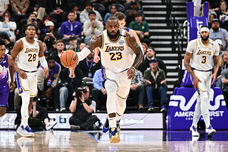 SALT LAKE CITY, UT - DECEMBER 1: LeBron James #23 of the Los Angeles Lakers dribbles the ball during the game against the Utah Jazz on December 1, 2024 at Delta Center in Salt Lake City, Utah. NOTE TO USER: User expressly acknowledges and agrees that, by downloading and or using this Photograph, User is consenting to the terms and conditions of the Getty Images License Agreement. Mandatory Copyright Notice: Copyright 2024 NBAE (Photo by Jamie Sabau/NBAE via Getty Images)