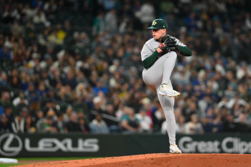 Sep 27, 2024; Seattle, Washington, USA; Oakland Athletics starting pitcher JP Sears (38) pitches to the Seattle Mariners during the first inning at T-Mobile Park. Mandatory Credit: Steven Bisig-Imagn Images