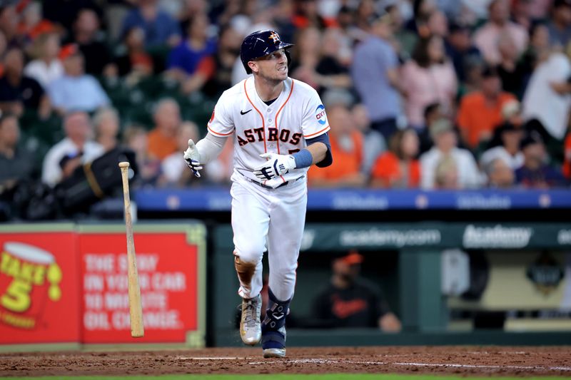 Sep 20, 2023; Houston, Texas, USA; Houston Astros third baseman Alex Bregman (2) reacts after hitting a fly ball for an out against the Baltimore Orioles during the seventh inning at Minute Maid Park. Mandatory Credit: Erik Williams-USA TODAY Sports